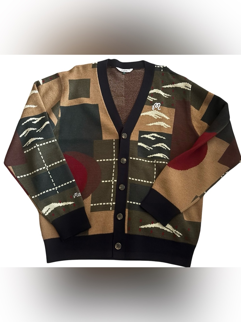 New MALBON GOLF Abstract Geometric Cardigan Sweater Mens Size L Retro Inspired